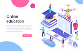Modern flat design isometric concept of Online Education for banner and website. Landing page template. Graduation, e-learning research, college research, back to school concept. Vector illustration.
