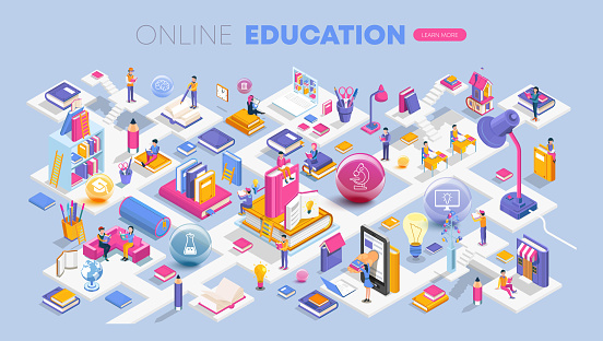Modern flat design isometric concept of Online Education. Landing page template. Training courses, specialization, tutorials, lectures. Can use for web banner, infographics, and website. Vector illustration