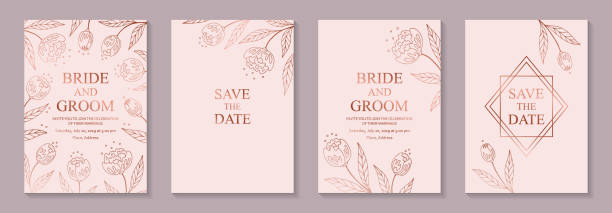 Modern floral wedding invitation or card templates for business or presentation or banner or birthday greeting. Set of four cards with rose gold flowers on a pink background. rose gold foil stock illustrations