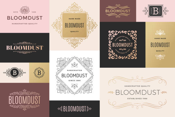 Modern Frames and Logos Collection of modern retro frames with swirls and flowers. Logo templates. concepts & topics stock illustrations