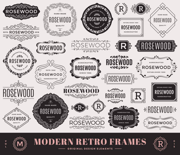 Modern Frames Collection of modern retro frames with swirls. Fashionable design elements. Retro badges, frames and banners.templates. store borders stock illustrations
