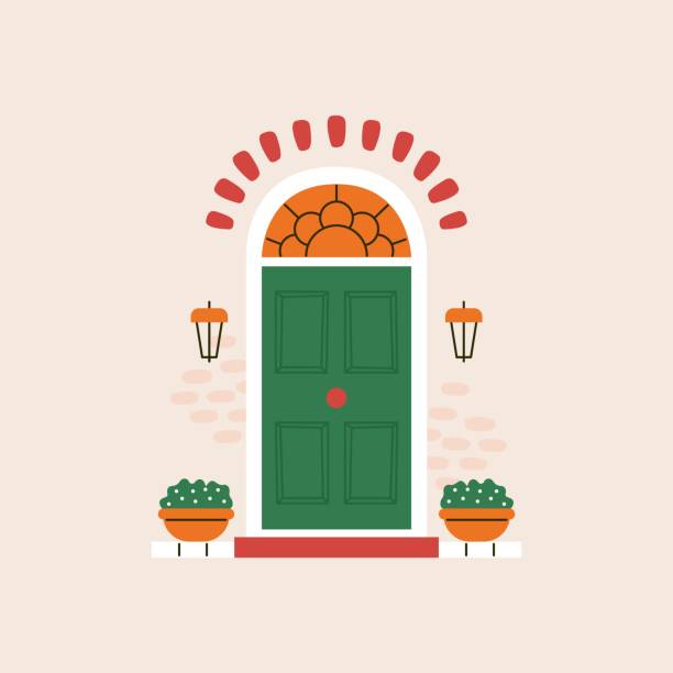 モダンなフロントハウスのドア。抽象的な古い緑の玄関の家の入り口、レンガの壁や植物。ベクトルの図 - 玄関のドア点のイラスト素材／クリップアート素材／マンガ素材／アイコン素材