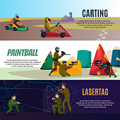 Modern gaming sports horizontal banners set with paintball symbols flat isolated vector illustration