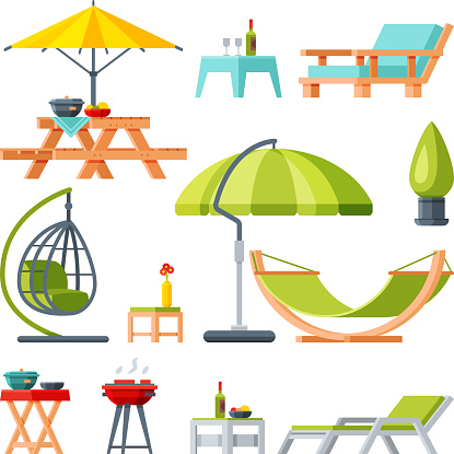 Modern Garden Furniture Collection, Table, Sunshade Umbrella, Hammock, Comfortable Lounger, Barbecue Grill Flat Vector Illustration