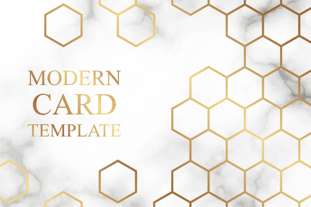 Modern geometric luxury card template for business or presentation or greeting. Card with golden honeycombs on a white marble or clouds background. bee designs stock illustrations