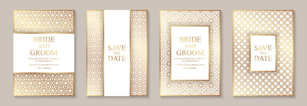Modern geometric luxury wedding invitation design or card templates for business or presentation or greeting. Set of four cards with golden arabic ornament on a white background. east stock illustrations
