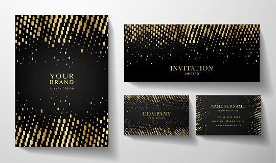 Modern gold design set: cover, premium business card, invitation with circular dots. Golden pattern on black background