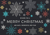 Graphic snowflake background with greetings. Christmas, Holiday greeting card.