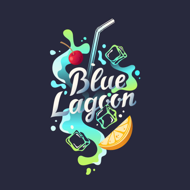 Modern hand drawn lettering label for alcohol cocktail Blue Lagoon. Handwritten inscriptions for layout and template Modern hand drawn lettering label for alcohol cocktail Blue Lagoon. Handwritten inscriptions for layout and template. Vector illustration of text. juice drink stock illustrations
