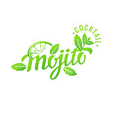 Modern hand drawn lettering label for alcohol cocktail Mojito. Handwritten inscriptions for layout and template. Vector illustration of text.