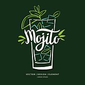 Modern hand drawn lettering label for alcohol cocktail Mojito. Calligraphy brush and ink. Handwritten inscriptions for layout and template. Vector illustration of text.
