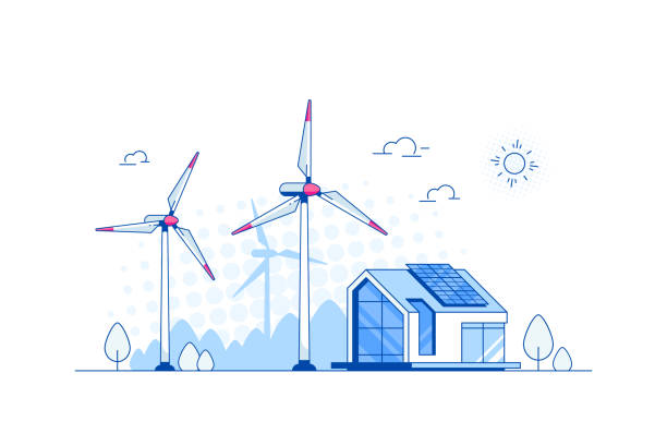 ilustrações de stock, clip art, desenhos animados e ícones de modern house with solar panels and wind turbines. - solar panels