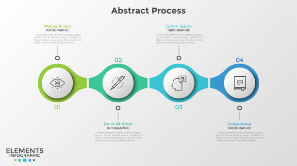 Modern Infographic Template 4 numbered round elements with thin line icons inside successively connected into horizontal chain. Minimal infographic design template. Vector illustration for presentation, banner, website, report. four objects stock illustrations