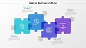 Four translucent jigsaw puzzle pieces with thin line icons inside placed into horizontal row and intersected. Concept of 4-stepped business challenge. Infographic design template. Vector illustration.