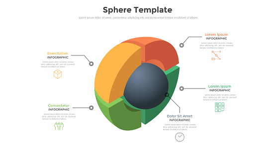 Cutaway sphere diagram divided into 4 colorful pieces and place for text. Concept of four parts of startup business project. Modern infographic design template. Three-dimensional vector illustration.
