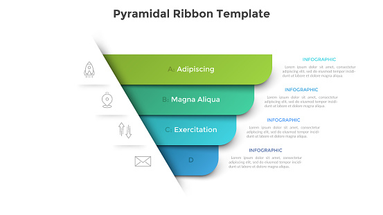 Pyramidal diagram with four colorful paper ribbon elements. Concept of 4 business options to choose. Creative infographic design template. Realistic vector illustration for website menu, banner.