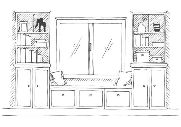 Modern interior. A place to relax before the window. On the sides of the bookcases. Vector illustration of a sketch style. Modern interior. A place to relax before the window. On the sides of the bookcases. Vector illustration of a sketch style. window designs stock illustrations