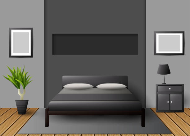 Modern interior bedroom Vector illustration of Modern interior bedroom bed furniture borders stock illustrations