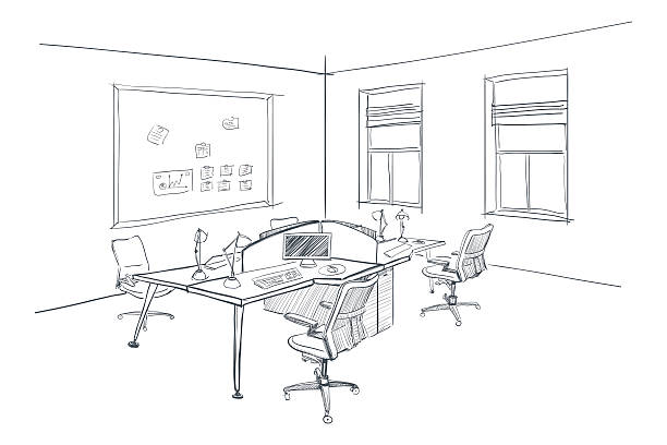 stockillustraties, clipart, cartoons en iconen met modern interior sketch of open space office. - windows laptop table