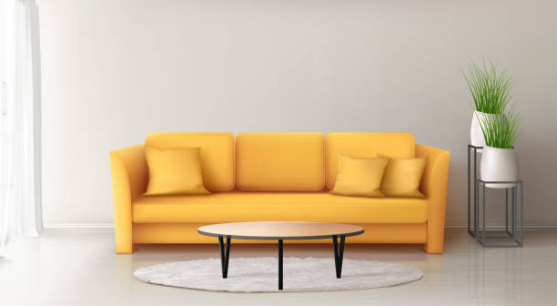 illustrazioni stock, clip art, cartoni animati e icone di tendenza di interni moderni con divano giallo - sofa