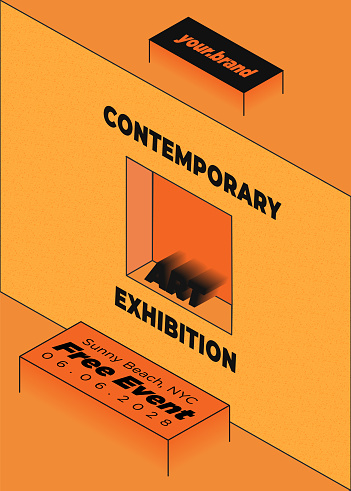 Modern Isometric Contemporary Art Exhibit Flyer or Poster to Promote Museum Exhibition on Orange and Yellow Background