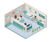 Modern creative doctor clinic office space interior design in isometric view.
