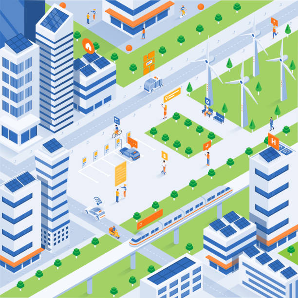 modernes isometrisches illustrationsdesign - eco smart city concept - sustainable future road stock-grafiken, -clipart, -cartoons und -symbole