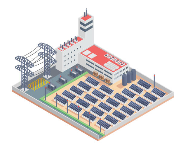ilustrações de stock, clip art, desenhos animados e ícones de modern isometric industrial electricity solar plant facility illustration - central solar