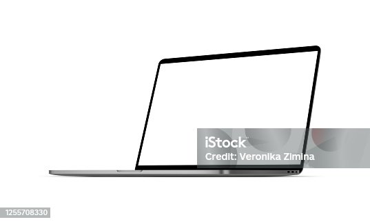 istock Modern laptop computer mockup with blank screen isolated on white background, perspective right view 1255708330