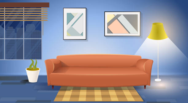 ilustrações de stock, clip art, desenhos animados e ícones de modern living room interior cartoon vector - living room night nobody