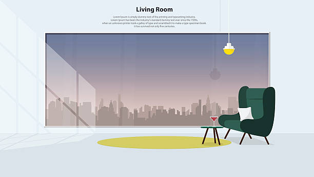 ilustrações de stock, clip art, desenhos animados e ícones de modern living room with green armchair. city skyline view. vector - living room night nobody