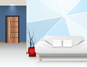 Vector illustration of Modern living room with white sofa and two pillows