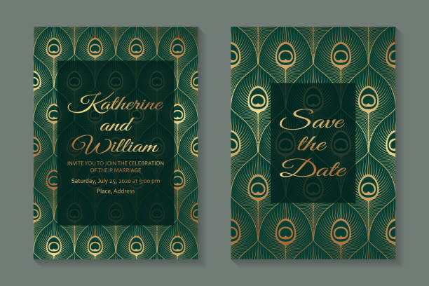 Modern luxury wedding invitation design or card templates for business or presentation or greeting. Set of two cards with golden peacock feathers on a green background. peacock feather stock illustrations