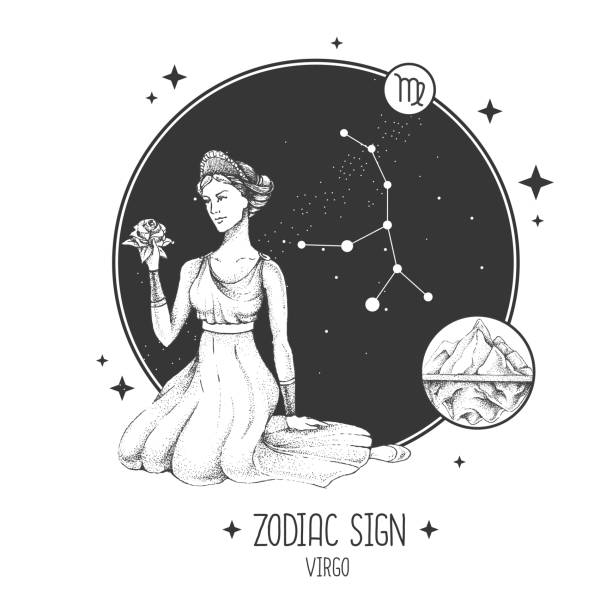 Modern magic witchcraft card with astrology Virgo zodiac sign. Realistic hand drawing woman head. Zodiac characteristic Modern magic witchcraft card with astrology Virgo zodiac sign. Realistic hand drawing woman head. Zodiac characteristic virgo stock illustrations
