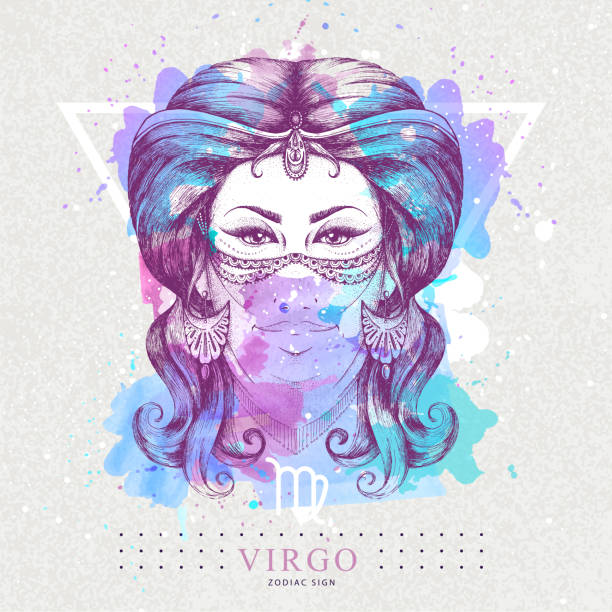 Modern magic witchcraft card with astrology Virgo zodiac sign on artistic watercolor background. Realistic hand drawing woman head. Modern magic witchcraft card with astrology Virgo zodiac sign on artistic watercolor background. Realistic hand drawing woman head. virgo stock illustrations