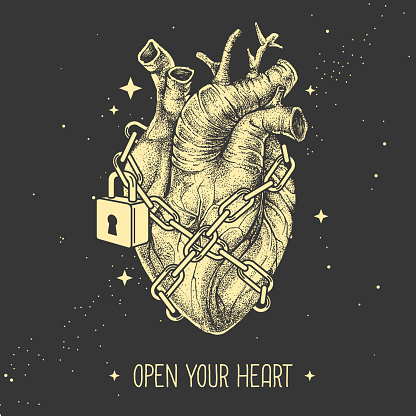 Modern magic witchcraft card with realistic human heart chained with a padlock on space background. Vetor illustration