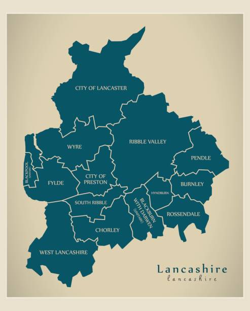 Modern Map - Lancashire county with detailed county captions England UK illustration Modern Map - Lancashire county with detailed county captions England UK illustration lancashire stock illustrations