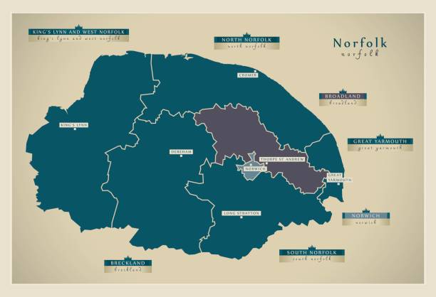 ilustrações de stock, clip art, desenhos animados e ícones de modern map - norfolk county with district labels and cities uk illustration - norwich