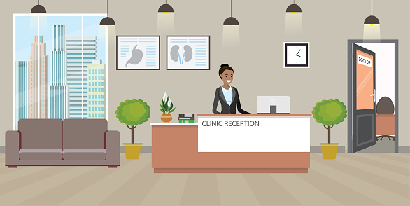 Cartoon replicating a clinic reception area.