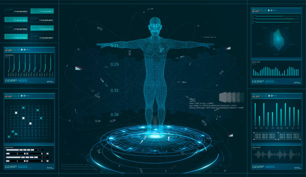 Modern medical examination, style HUD. A futuristic medical infographics, Modern medical examination, style HUD. A futuristic medical infographics, a virtual body scanning interface with heart, human body and electrocardiogram illustrations. Futuristic user interface animal body stock illustrations