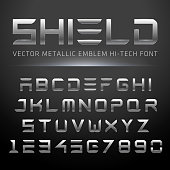 Modern Metallic Hi-Tech Font. Vector Techno Alphabet done in shiny metal