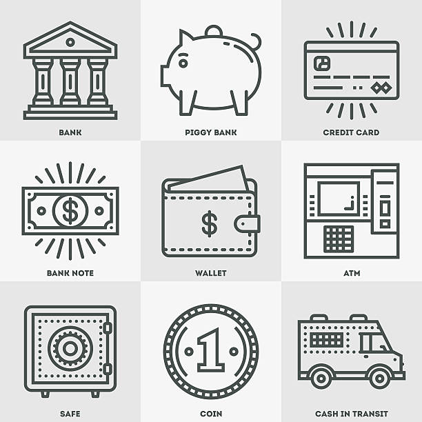 ilustraciones, imágenes clip art, dibujos animados e iconos de stock de juego de iconos de dinero moderno y banca. - pile of credit cards