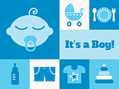 Modern vector greeting card design for the celebration of a newborn baby boy with related icons and symbols. Blue colors.
