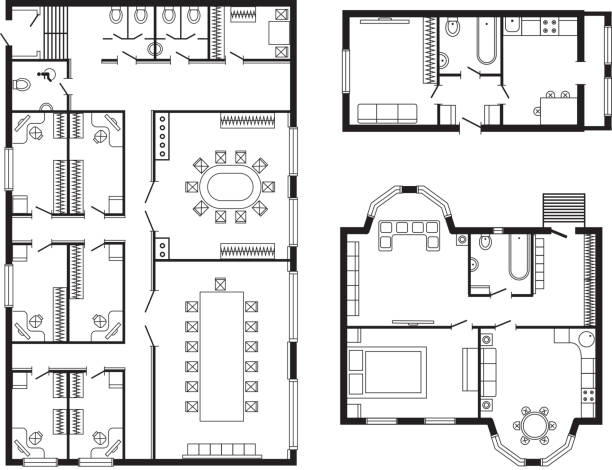 Modern office architectural plan interior furniture and construction design drawing project Modern office architectural plan interior furniture and construction design drawing project architect engineering sketch house vector illustration. Structure home technical reconstruction paper. office designs stock illustrations