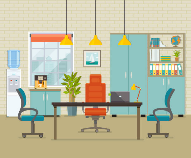 modern ofis iç. vektör düz çizim - office background stock illustrations