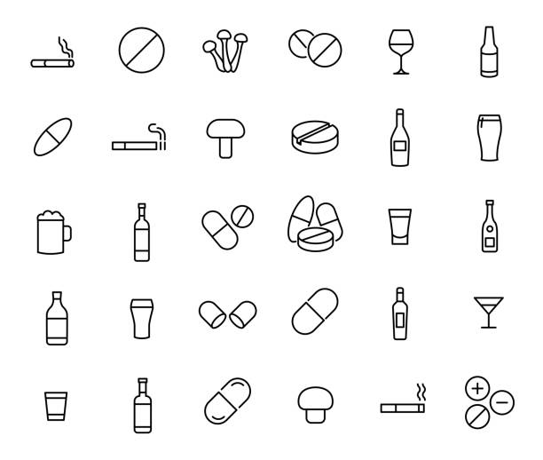 Modern outline style drug icons collection. Modern outline style drug icons collection. Premium quality symbols and sign web icon collection. Pack modern infographic icon and pictogram. Simple addiction pictograms. alcohol drink icons stock illustrations