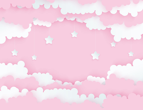 Modern Paper Art Clouds With Stars Cute Cartoon Sky With Fluffy Clouds ...