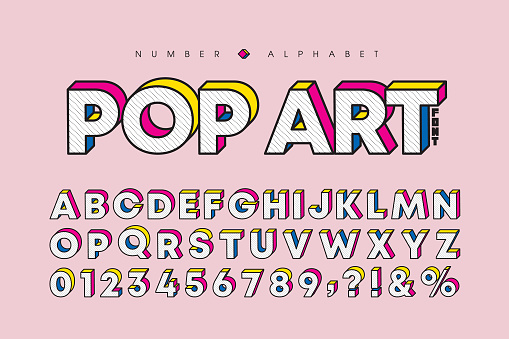 Modern pop art three dimensional letters and number set. Stylish bold font or typeface for headline, title, poster, web design, brochure, layout or graphic print. Flat vector 3D alphabet & number.