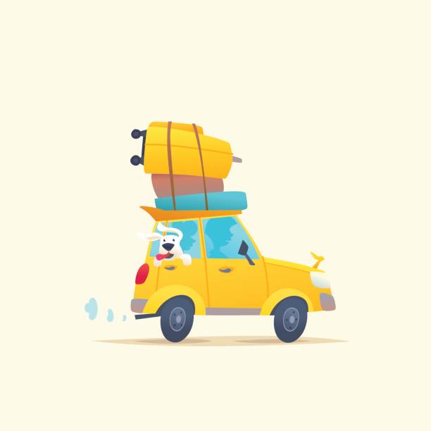 moderne plakat mit einem sommer-auto für reisen mit gepäck - lustige autos stock-grafiken, -clipart, -cartoons und -symbole