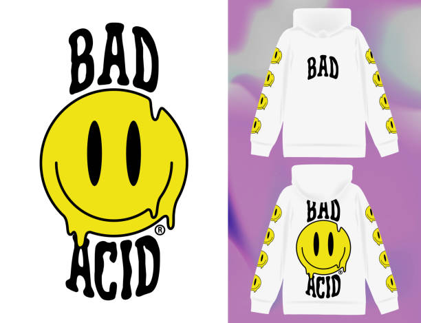 Modern poster with drips emoticon text "bad acid". In Acid style, stylish print for streetwear, print for t-shirts and hoodies, isolated on white background Modern poster with drips emoticon text "bad acid". In Acid style, stylish print for streetwear, print for t-shirts and hoodies, isolated on white background acid stock illustrations